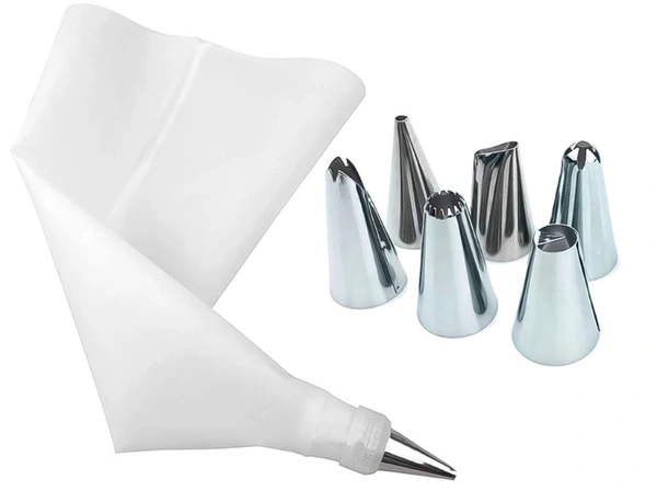 Stainless Steel 6 Nozzle, 1 Coupler & 1 Reusable Icing Bag Kit - 18 x 9 x 2 cm, Silver, Stainless Steel