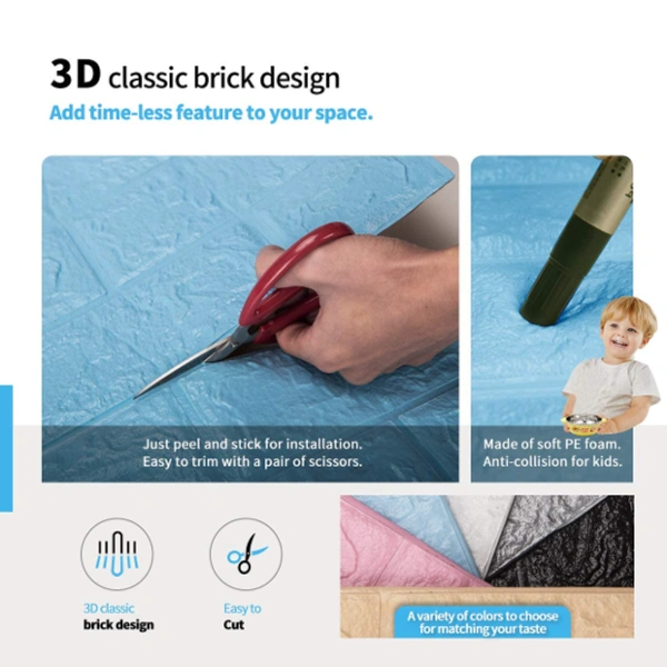 Self Adhesive 3D Brick Foam Wall Stickers - 77 x 70 x 0.6 cm, Multi Color, Polyethylene Foam