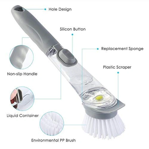 Automatic Kitchen Cleaning Brush with Refill Liquid Soap Dispenser - L = 7 x W = 5 x H = 3, White, Plastic