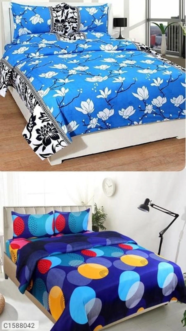 Charmlook *Catalog Name:* Printed Polycotton Double Bedsheets Combo Vol-3*Details:*Description: It has 4 Piece of Double Bedsheet with 8 Pieces of Pillow Covers Fabric: PolycottonDimension (L X W In Inches); Bedsheet: 88 X 88 , Pillow Cover: 17 X 27 Work: Printed Thread Count: 150 Product Weight (In Kg): 2.0 Kg Package Dimensions (in Cm): 38 X 35 X 7 Designs(डिज़ाइन): 4💥 *FREE Shipping* (फ् - Multicolour, Free