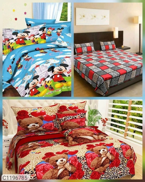Stylolook *Catalog Name:* Poly Cotton Printed Double Bedsheet Combos Vol - 2*Details:*Description: It has 3 Pieces of Double Bedsheet with 6 Pieces of Pillow Covers Fabric: Poly Cotton Dimension (L X W In Inches); Bedsheet: 90 X 100, Pillow Cover: 17 X 27 Work: Printed Thread Count: 150 Product Weight (In Grams ): 1500Package Dimensions (in Cm): 38 X 35 X 7 Designs(डिज़ाइन): 2💥 *FREE Shippi - Multicolour, Free