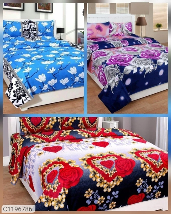 Stylolook *Catalog Name:* Poly Cotton Printed Double Bedsheet Combos Vol - 2*Details:*Description: It has 3 Pieces of Double Bedsheet with 6 Pieces of Pillow Covers Fabric: Poly Cotton Dimension (L X W In Inches); Bedsheet: 90 X 100, Pillow Cover: 17 X 27 Work: Printed Thread Count: 150 Product Weight (In Grams ): 1500Package Dimensions (in Cm): 38 X 35 X 7 Designs(डिज़ाइन): 2💥 *FREE Shippi - Multicolour, Free