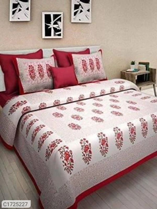 Stylolook *Catalog Name:* Comfort Cotton Printed Double Bedsheets Vol-3*Details:*Package Contains: It has 1 Piece of Kaam Jaal Printed Double Bedsheets With 2 Pillow CoversFabric: CottonProduct Size : Bedsheet(L X W In Inch): 90 X 100, Pillow Cover (L X W In Inch): 17 X 27Work: PrintedThread Count: 254Product Weight: 800Package Dimension (L X B X H in cm): 26 x 23 X 8Designs(डिज़ाइन): 3💥 *F - Multicolour, standered