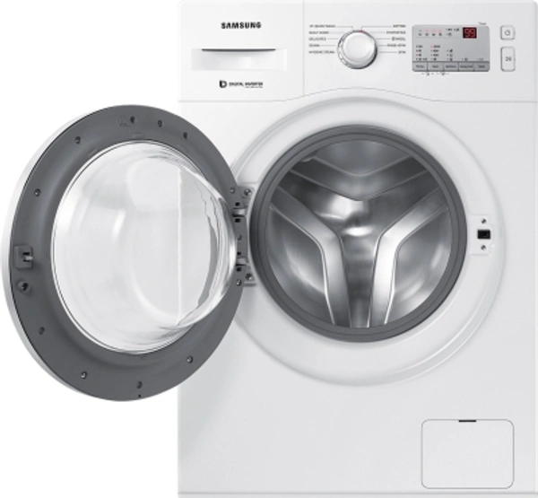 Samsung6 Kg SAMSUNG 6 kg 5 Star Inverter with Hygiene Steam Fully Automatic Front Load with In-built Heater WhiteColor: DA Silver, WhiteFully Automatic Front Load Washing Machines have Great Wash Quality with very less running cost1000 rpm  : Higher the spin speed, lower the drying time5 Star Rating6 kg10 Days Replacement Policy, No questions asked. - white, standered