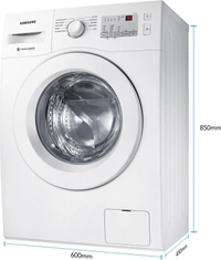 Samsung6 Kg SAMSUNG 6 kg 5 Star Inverter with Hygiene Steam Fully Automatic Front Load with In-built Heater WhiteColor: DA Silver, WhiteFully Automatic Front Load Washing Machines have Great Wash Quality with very less running cost1000 rpm  : Higher the spin speed, lower the drying time5 Star Rating6 kg10 Days Replacement Policy, No questions asked. - white, standered