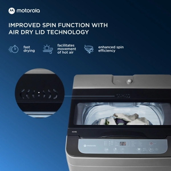 Motorola 6KG MOTOROLA 6 kg 5 Star Fully Automatic Top Load GreyCapacity: 6 kg, 6.5 kg, 7.5 kg, 8 kg, 10.5 kgConnectivity: Non-WiFi, WiFi EnabledFully Automatic Top Load Washing Machines are ergonomically friendly and provide great wash quality700 rpm  : Higher the spin speed, lower the drying timeNumber of wash programs - 85 Star Rating6 kg10 Days Replacement Policy, No questions asked. - light Grey, standered