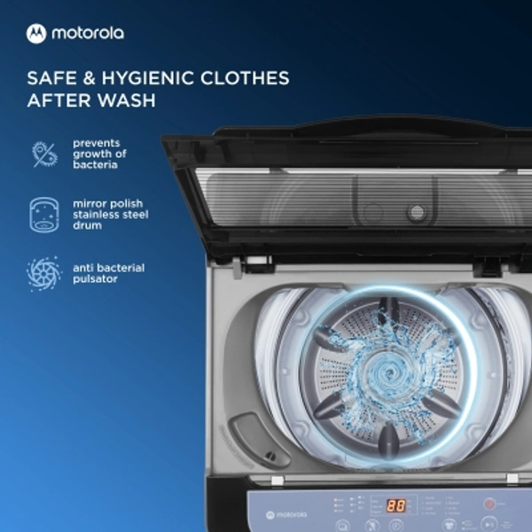 Motorola 6KG MOTOROLA 6 kg 5 Star Fully Automatic Top Load GreyCapacity: 6 kg, 6.5 kg, 7.5 kg, 8 kg, 10.5 kgConnectivity: Non-WiFi, WiFi EnabledFully Automatic Top Load Washing Machines are ergonomically friendly and provide great wash quality700 rpm  : Higher the spin speed, lower the drying timeNumber of wash programs - 85 Star Rating6 kg10 Days Replacement Policy, No questions asked. - light Grey, standered