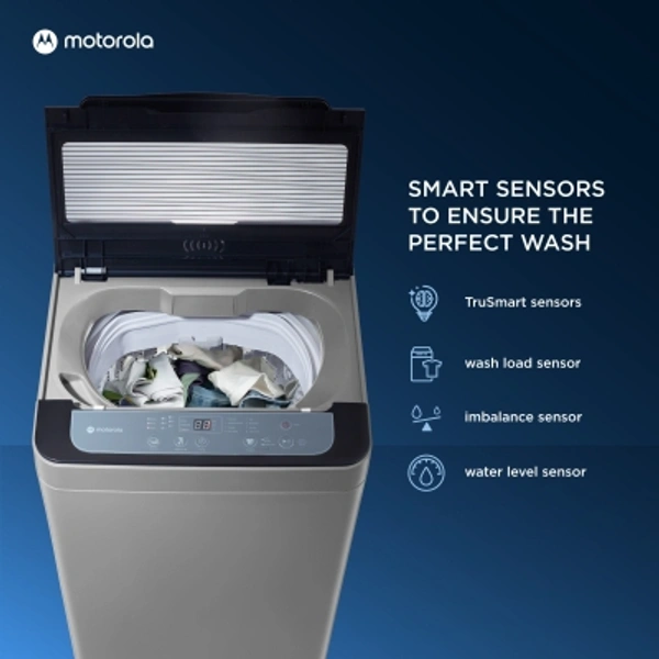 Motorola 6KG MOTOROLA 6 kg 5 Star Fully Automatic Top Load GreyCapacity: 6 kg, 6.5 kg, 7.5 kg, 8 kg, 10.5 kgConnectivity: Non-WiFi, WiFi EnabledFully Automatic Top Load Washing Machines are ergonomically friendly and provide great wash quality700 rpm  : Higher the spin speed, lower the drying timeNumber of wash programs - 85 Star Rating6 kg10 Days Replacement Policy, No questions asked. - light Grey, standered