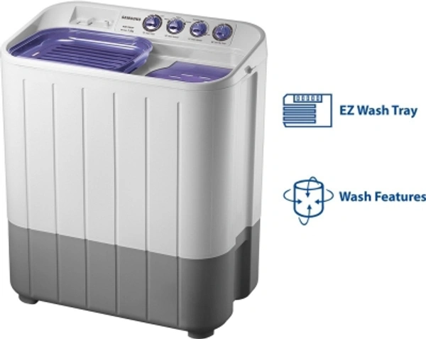 Samsung7.2 Kg SAMSUNG 7.2 kg with Double Storm Technology Semi Automatic Top Load WhiteColor: DA White, Light Grey, VIOLET, WhiteCapacity: 6 kg, 6.5 kg, 7.2 kg, 8.5 kgStar Rating: 5, Non-RatedSemi Automatic Top Load740 rpm  : Higher the spin speed, lower the drying time7.2 kg10 Days Replacement Policy, No questions asked. - white, standered