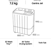 Samsung7.2 Kg SAMSUNG 7.2 kg with Double Storm Technology Semi Automatic Top Load WhiteColor: DA White, Light Grey, VIOLET, WhiteCapacity: 6 kg, 6.5 kg, 7.2 kg, 8.5 kgStar Rating: 5, Non-RatedSemi Automatic Top Load740 rpm  : Higher the spin speed, lower the drying time7.2 kg10 Days Replacement Policy, No questions asked. - white, standered
