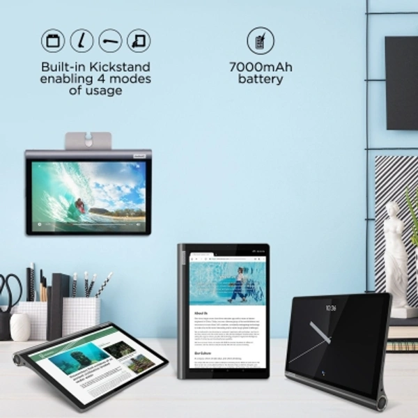Lenovo Yoga Smart Tab with Google Assistant 4 GB RAM 64 GB ROM 10.1 inch with Wi-Fi+4G Tablet (Iron Grey)Connectivity: Wi-Fi+4GStorage: 64 GB4 GB RAM | 64 GB ROM | Expandable Upto 256 GB25.65 cm (10.1 inch) Full HD Display8 MP Primary Camera | 5 MP FrontAndroid 10 | Battery: 7000 mAh Lithium PolymerVoice Call (Single Sim, LTE)Processor: Qualcomm Snapdragon 439 Octa Core (4 x A53 at - Black, standered