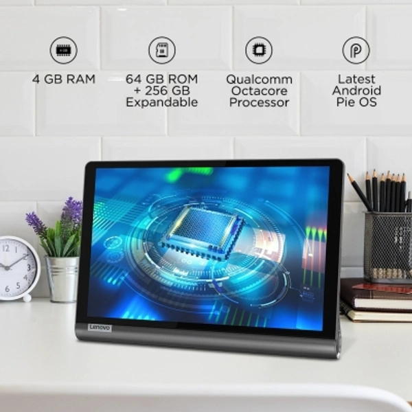 Lenovo Yoga Smart Tab with Google Assistant 4 GB RAM 64 GB ROM 10.1 inch with Wi-Fi+4G Tablet (Iron Grey)Connectivity: Wi-Fi+4GStorage: 64 GB4 GB RAM | 64 GB ROM | Expandable Upto 256 GB25.65 cm (10.1 inch) Full HD Display8 MP Primary Camera | 5 MP FrontAndroid 10 | Battery: 7000 mAh Lithium PolymerVoice Call (Single Sim, LTE)Processor: Qualcomm Snapdragon 439 Octa Core (4 x A53 at - Black, standered