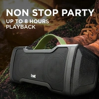 Boat Stone1000 boAt Stone 1000 14 W Portable Bluetooth SpeakerColor: Black, Navy BluePower Output(RMS): 14 WPower Source: USB CableBattery life: 8 hrs | Charging time: 4 hrsBluetooth Version: 2.1Wireless range: 10 mWireless music streaming via BluetoothBuilt-in mic for hands free callingUsing simple touch controls change music tracks and control volumeIPX 5 splashproof- Enjoy music even in the sh - Black, standered
