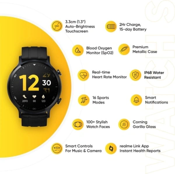 Realm Watch S Display realme Watch SDisplay Size: 1.3 inch, 33 mm3.3cm (1.3 inch) Auto Brightness TouchscreenHeart Rate & Blood Oxygen Monitor, IP68 Water Resistant with 16 Sport Modes100+ Stylish Watch Faces to be Updated via OTA | Aluminium Alloy Case for a Premium Look and DurabilityMagnetic Charging Base for Hassle-free ChargingTouchscreenFitness & OutdoorBattery Runtime: Upto 15 days7 day seller re - Black, standerd
