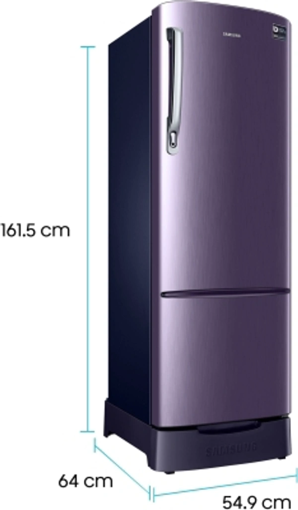 Samsung255L SAMSUNG 255 L Direct Cool Single Door 3 Star Refrigerator with Base DrawerWith Base Drawer: Yes255 L : Good for families of 3-5 membersDigital Inverter Compressor3 Star : For Energy savings up to 35%Direct Cool : Economical, consumes less electricity, requires manual defrostingBase Stand with Drawer : For storing items that don't need cooling (Onion, Potato etc.)10 Days Replacement - standered, As in photo