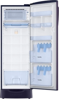 Samsung255L SAMSUNG 255 L Direct Cool Single Door 3 Star Refrigerator with Base DrawerWith Base Drawer: Yes255 L : Good for families of 3-5 membersDigital Inverter Compressor3 Star : For Energy savings up to 35%Direct Cool : Economical, consumes less electricity, requires manual defrostingBase Stand with Drawer : For storing items that don't need cooling (Onion, Potato etc.)10 Days Replacement - standered, As in photo