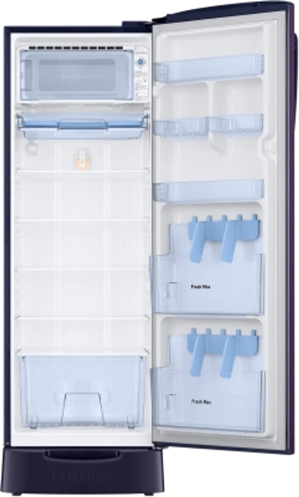 Samsung255L SAMSUNG 255 L Direct Cool Single Door 3 Star Refrigerator with Base DrawerWith Base Drawer: Yes255 L : Good for families of 3-5 membersDigital Inverter Compressor3 Star : For Energy savings up to 35%Direct Cool : Economical, consumes less electricity, requires manual defrostingBase Stand with Drawer : For storing items that don't need cooling (Onion, Potato etc.)10 Days Replacement - standered, As in photo