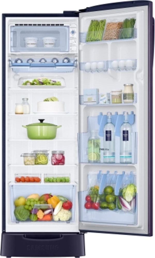 Samsung255L SAMSUNG 255 L Direct Cool Single Door 3 Star Refrigerator with Base DrawerWith Base Drawer: Yes255 L : Good for families of 3-5 membersDigital Inverter Compressor3 Star : For Energy savings up to 35%Direct Cool : Economical, consumes less electricity, requires manual defrostingBase Stand with Drawer : For storing items that don't need cooling (Onion, Potato etc.)10 Days Replacement - standered, As in photo