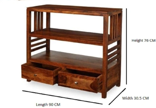Charmlook VIvek Wood Solid Wood Console TableRectangularWidth x Height: 90 x 76 cm (2 ft 11 in x 2 ft 5 in)Suitable For: Living RoomStorage IncludedPre Assembled (Ready to Use)10 Days Return Policy, No questions asked. - Golden brown, king