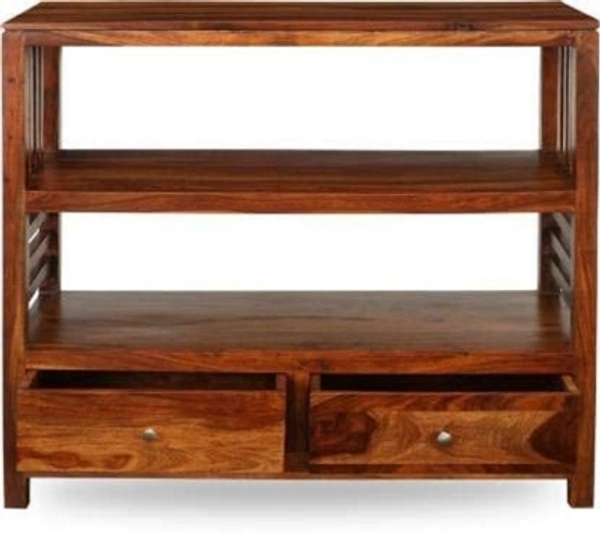Charmlook VIvek Wood Solid Wood Console TableRectangularWidth x Height: 90 x 76 cm (2 ft 11 in x 2 ft 5 in)Suitable For: Living RoomStorage IncludedPre Assembled (Ready to Use)10 Days Return Policy, No questions asked. - Golden brown, king