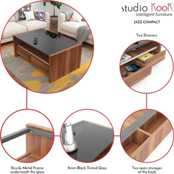 Charmlook Studio Kook Jazz Compact Glass Coffee TableFinish Color: Junglewood, Sleeperwood, WalnutParticle BoardMetalW x H x D: 98 cm x 45 cm x 60 cm (3 ft 2 in x 1 ft 5 in x 1 ft 11 in)Storage IncludedPre Assembled (Ready to Use)10 Days Replacement Policy, No questions asked.Hurry, Only a few left! - Brown, king