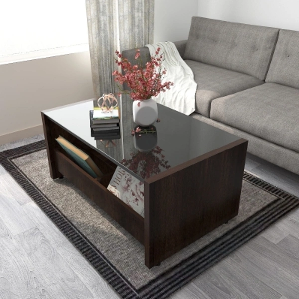 Charmlook Studio Kook Jazz Compact Glass Coffee TableFinish Color: Junglewood, Sleeperwood, WalnutParticle BoardMetalW x H x D: 98 cm x 45 cm x 60 cm (3 ft 2 in x 1 ft 5 in x 1 ft 11 in)Storage IncludedPre Assembled (Ready to Use)10 Days Replacement Policy, No questions asked.Hurry, Only a few left! - Brown, king