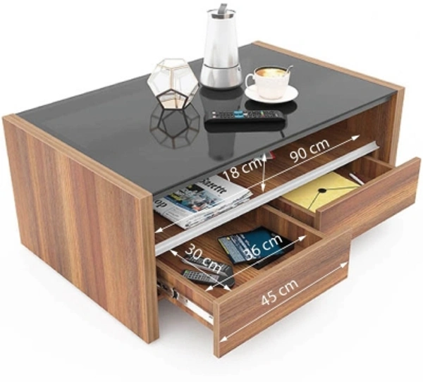 Charmlook Studio Kook Jazz Compact Glass Coffee TableFinish Color: Junglewood, Sleeperwood, WalnutParticle BoardMetalW x H x D: 98 cm x 45 cm x 60 cm (3 ft 2 in x 1 ft 5 in x 1 ft 11 in)Storage IncludedPre Assembled (Ready to Use)10 Days Replacement Policy, No questions asked.Hurry, Only a few left! - Brown, king