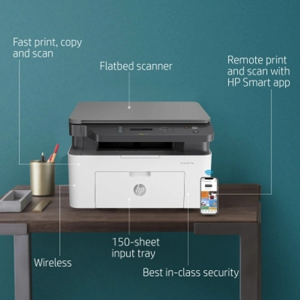 HP Laser MFP 136w Multi-function WiFi Monochrome Laser PrinterInterface Support: USB, WiFi, WiFi DirectLaserOutput: MonochromeWiFi, WiFi Direct | USBCost per Page (Black): 3.13 Rs.Print Speed Mono A4: 20 ppmDuty cycle (monthly, A4): 10000 pages7 day seller replacement policy/brand assistance for device issues*, No questions asked. - Multicoulor, standard