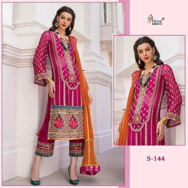 Charmlook SHREE FAB* PRESENTSNAME:- *S 144**Ready To Ship*	 *_🔽Details🔽_*Top:- Heavy Georjet with Heavy  Embroidery  (With Santoon Inner)	Bottam:- SantoonDupatta:- Naylon Jaqard With Lace		 	Shipping Charges Extra*Book Ur Order Now**Pr - Multicoloured, s144