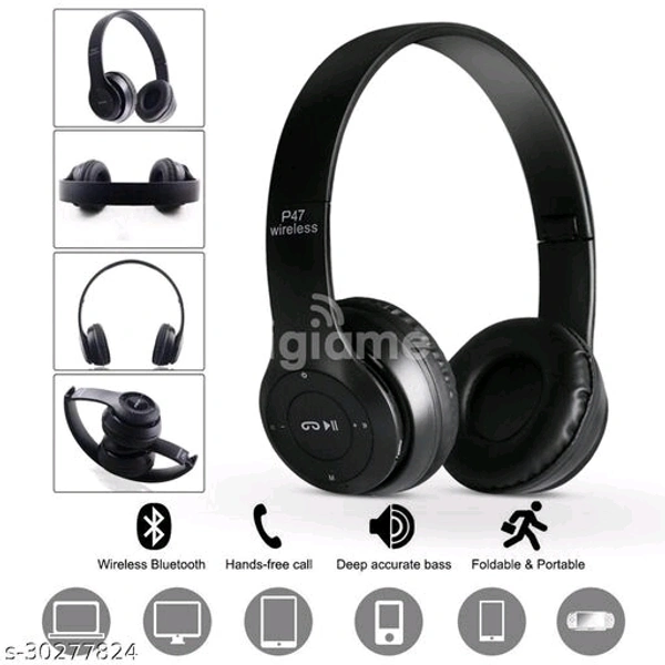 P47 Wireless Bluetooth Sports Headphone With Microphone Stereo FM,SD Card Support - Black, Free 