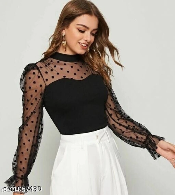 Net Sleeves Top  - Ebony Black , XS   S  M   L  XL   XXL