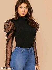 Net Sleeves Top  - Ebony Black , XS   S  M   L  XL   XXL