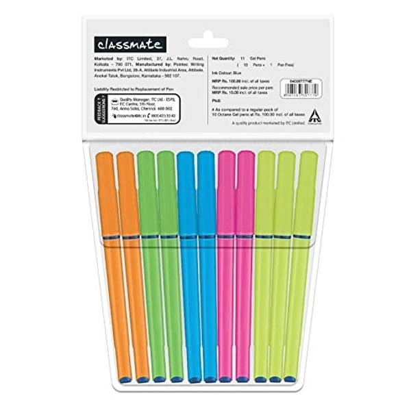 Classmate Octane Gel Pen- Neon Series (Blue)- Pack of 10 Pens + 1 Pen FREE