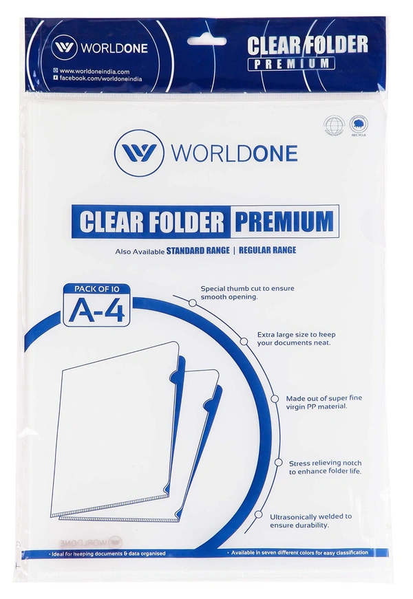 WORLDONE  L-Type Transparent Document Sleeve Project Document Holder Plastic Folder for Document Paper Certificate - Pack of 10 - FC, Transparent