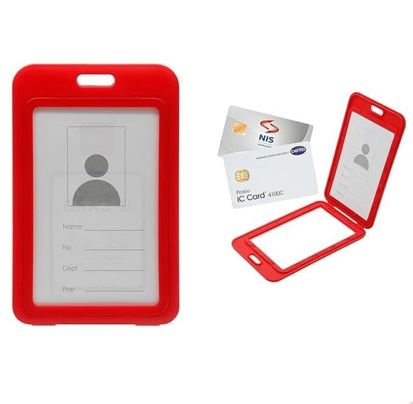 Plastic ID Cover Card Holder for Office and School use locking style vertical (Red)