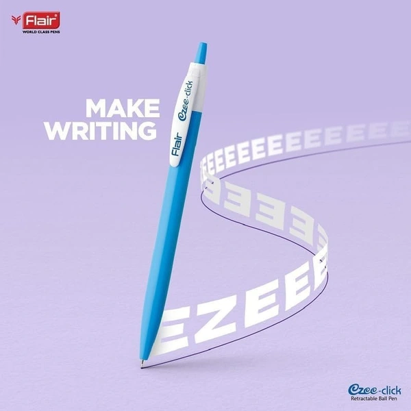 FLAIR Ezee Click 0.7 Ball Pen Pouch Pack | Retractable Mechanism With Comfortable Grip For Smooth Writing | Different Playful Body Colors | Blue Ink