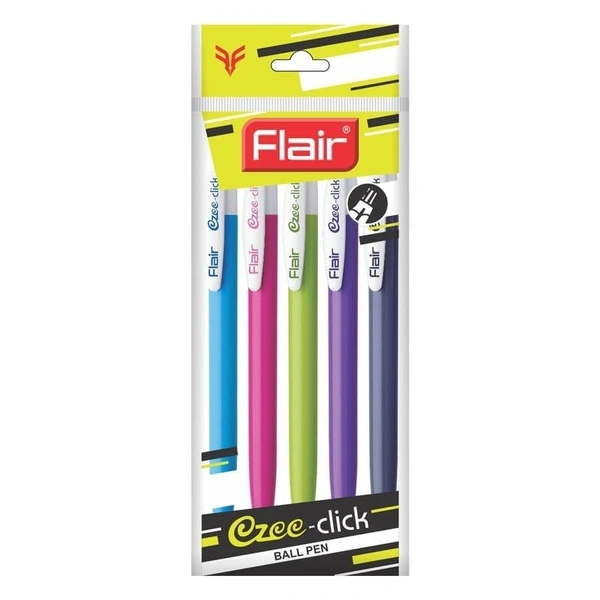FLAIR Ezee Click 0.7 Ball Pen Pouch Pack | Retractable Mechanism With Comfortable Grip For Smooth Writing | Different Playful Body Colors | Blue Ink