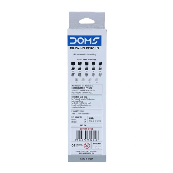 Doms Drawing & Sketching Graphite Pencils - Grade HB, 2B, 4B, 6B, 8B & 10B | Hi Precision For Sketching | Dark & Neat Drawing | Comes With 1 Eraser