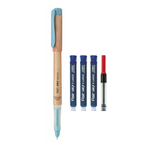 FLAIR Inky Series Woody Fountain Pen | Elegant Pockatable Clip With Aesthetic Wooden Texture Body | Blue Ink