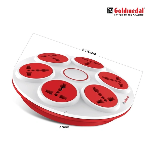 GOLDMEDAL Goldmedal 360 Degree Power Strip (White) – Pack of 1, 6-Outlet International Sockets, 3-pin 2 Meter Cable, Master Switch with LED Light Indicator and Overload Protector for Home & Office