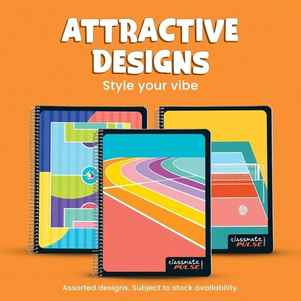 Classmate Pulse 6 Subject Spiral Notebook - Pack of 1 | Single Line | 300 Pages | 26.7cm x 20.3cm | Attractive Cover Designs (Designs might vary) | Soft Cover | Notebooks for College Students