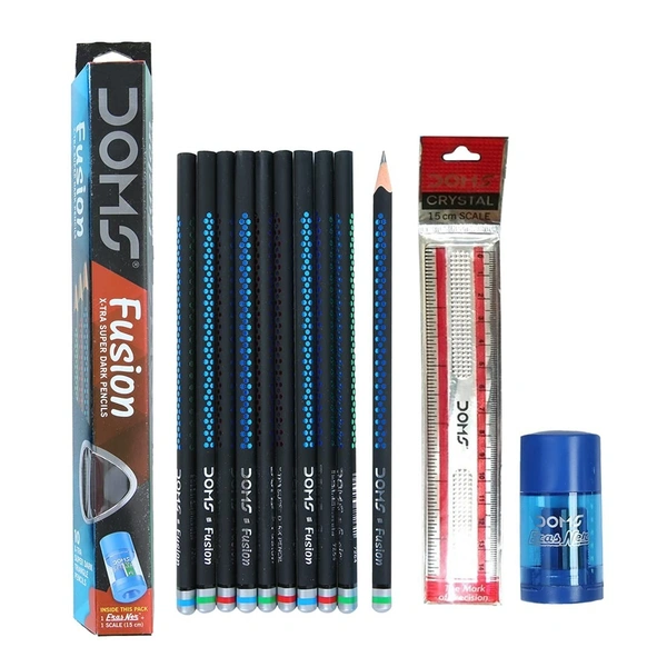 Doms Fusion Xtra Super Dark Pencil Box Pack | Dark & Neat Writing Which Stays Longer | Smooth Sharpning & With Soft & Comfortable Grip | Free Scale & Erasner Inside