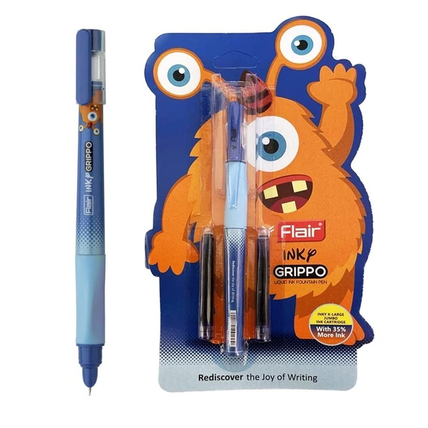 FLAIR Inky Series Grippo Liquid Ink Fountain Pen Blister Pack | Free 2 Pieces X-Large Jumbo Cartridges With Each Pack