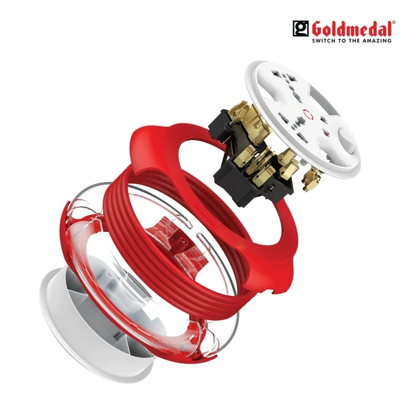 GOLDMEDAL Goldmedal Krysta 2 Pin Extension Cord (White and Red) – Pack of 1, Master Switch with Indicator, Heavy-Duty 5-meter Cable, International Sockets & 2-Pin Socket, Ultra-Smooth Rotation for Home & Office