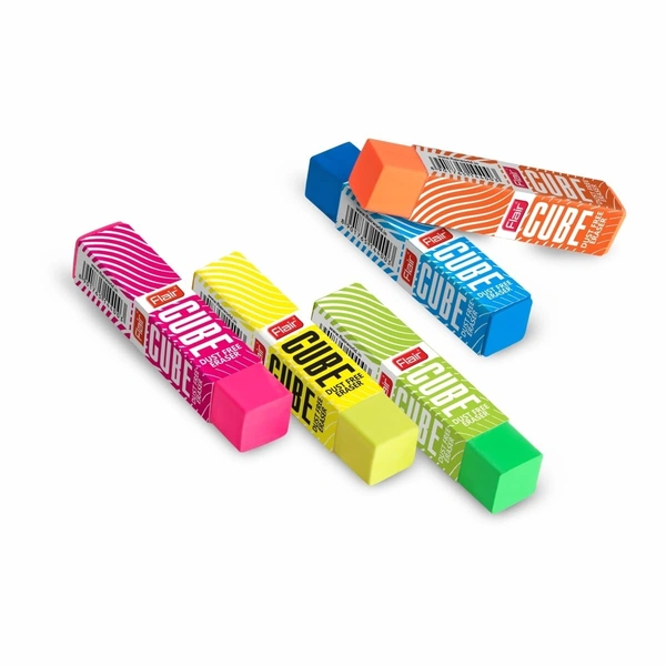 Flair Creative Series Cube Eraser | Neat & Dust Free Erasing | Neon Color Erasers | Stationery Gift Item For Kids & Students | Safe For Children | 5 Different Body Colors 
