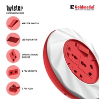 GOLDMEDAL Goldmedal Twister 16A 3-Pin Cable Extension Cord (White and Red) Pack of 1, 3.5-Meter Cable, Master Switch with Indicator, 6/16A Universal Socket, International Socket & 2 Pin Socket,250Volts