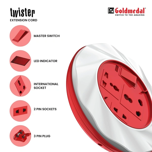 GOLDMEDAL Goldmedal Twister 16A 3-Pin Cable Extension Cord (White and Red) Pack of 1, 3.5-Meter Cable, Master Switch with Indicator, 6/16A Universal Socket, International Socket & 2 Pin Socket,250Volts