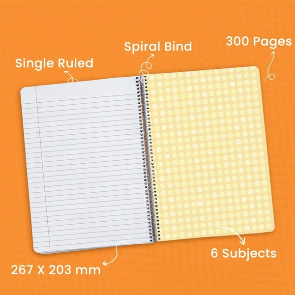 Classmate Pulse 6 Subject Spiral Notebook - Pack of 1 | Single Line | 300 Pages | 26.7cm x 20.3cm | Attractive Cover Designs (Designs might vary) | Soft Cover | Notebooks for College Students