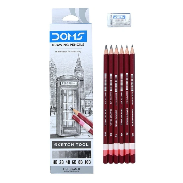 Doms Drawing & Sketching Graphite Pencils - Grade HB, 2B, 4B, 6B, 8B & 10B | Hi Precision For Sketching | Dark & Neat Drawing | Comes With 1 Eraser