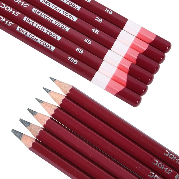 Doms Drawing & Sketching Graphite Pencils - Grade HB, 2B, 4B, 6B, 8B & 10B | Hi Precision For Sketching | Dark & Neat Drawing | Comes With 1 Eraser